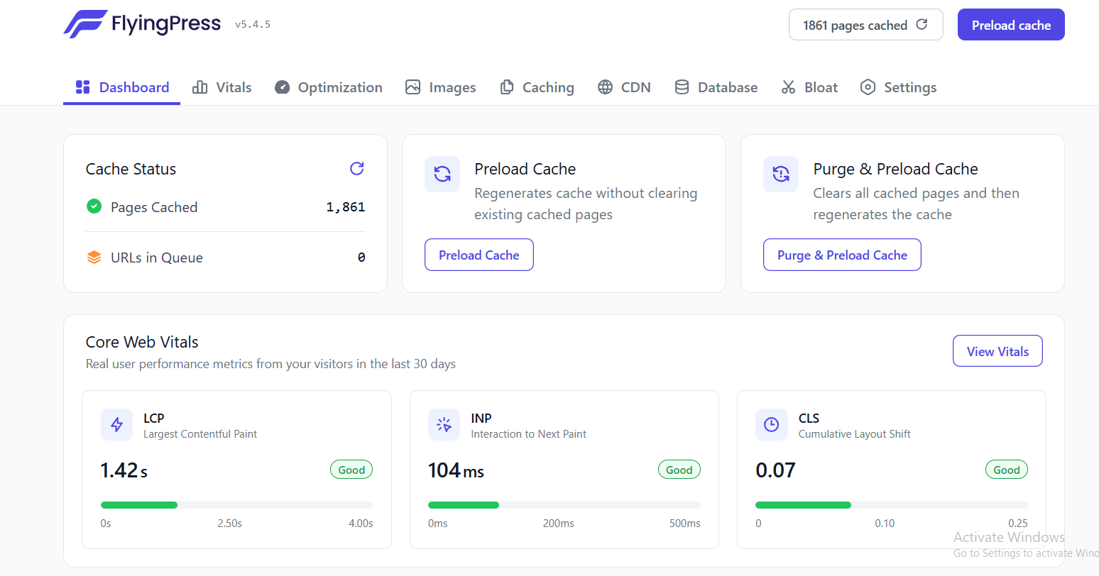 FlyingPress cache status and Core Web Vitals dashboard showing 1,858 pages cached, LCP 1.41s, INP 104ms, and CLS 0.07, all rated Good