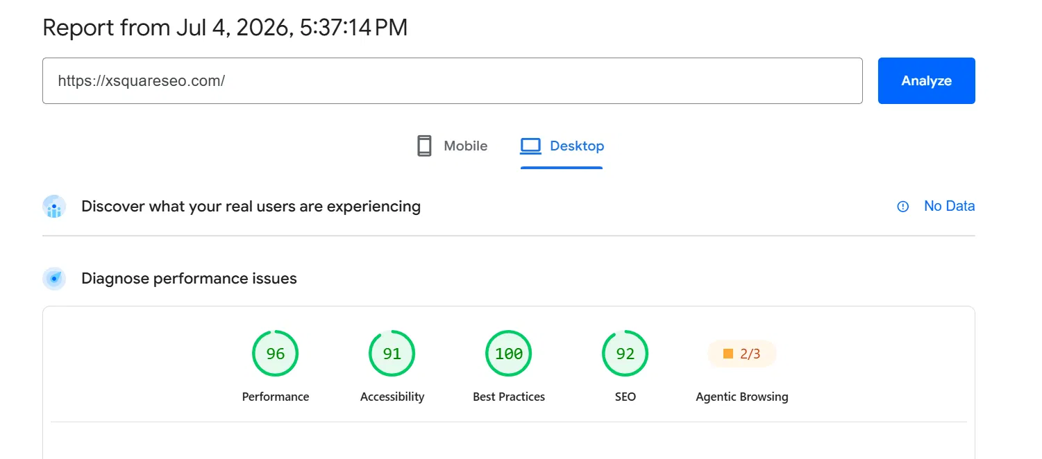 Google PageSpeed Insights desktop report for xsquareseo.com showing 96 Performance, 91 Accessibility, 100 Best Practices, and 92 SEO